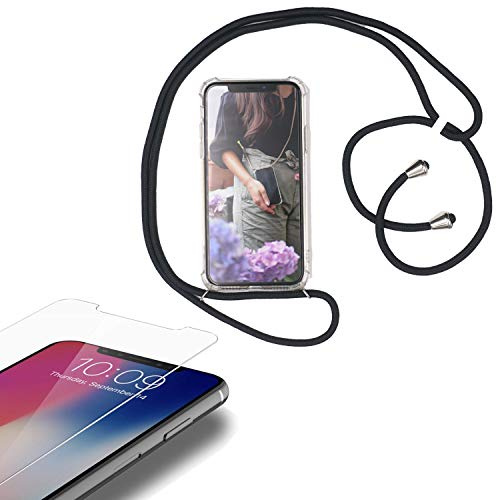 Eximmobile - Handykette kompatibel mit Samsung Galaxy A41 in Schwarz + Panzerfolie Schutzhülle Handy Hülle Band Seil Schnur Case Umhängen Handytasche Umhängehülle Kette Kordel Silikoncase