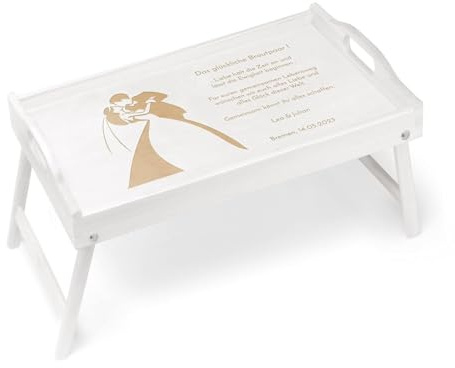 Maverton Frühstückstablett mit Gravur - für Zwei - Betttisch mit Griffen - klappbare Beine - Weiß - Geschenk für Paare - Einzugsgeschenk - Hochzeitsgeschenk - Brautpaar