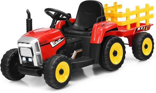 Electric Tractor with Trailer, 12 V 7 Ah Battery Electric Tractor with 2.4 G Remote Control, 2 + 1 Gear Shift, Horn, Bluetooth, USB Port, MP3 Player, 7 LED Headlights (Red)