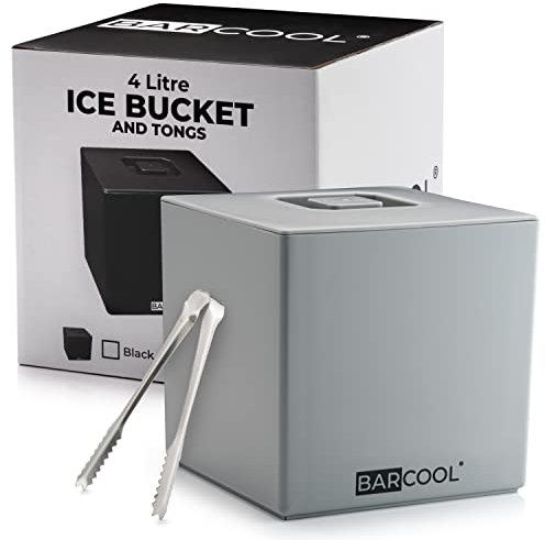 Barcool Ice Bucket with Lid and Ice Tongs | 4 Litre | Square & Double Walled Insulation | Perfect for Home Bars, Pubs, Restaurants, BBQs and Picnics (Grey)