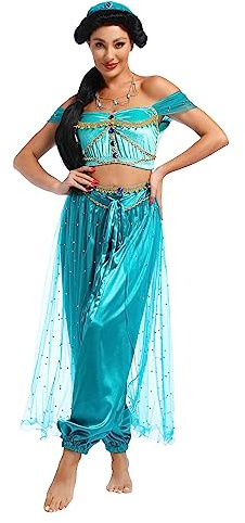 MISI CHAO Belly Dance Princess Jasmine Costume - Aladdin Halloween Outfit Princess Costumes Teal for Women