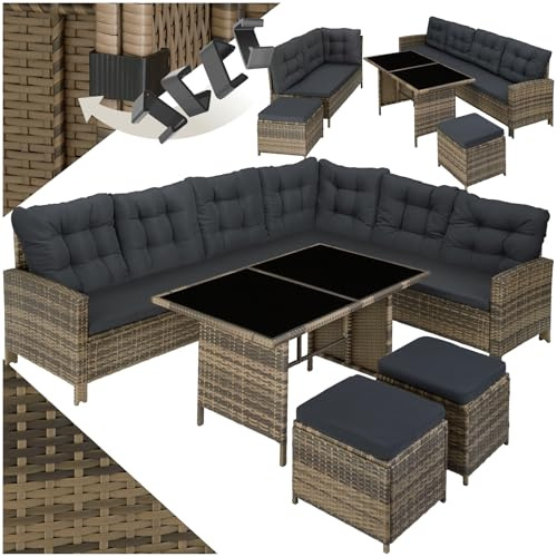 tectake® Set Salotto Rattan, Salotto da Giardino Esterno, Telaio Acciaio, Tavolino da Salotto 2 Piani in Vetro, Divani, Cuscini Relax, Sgabelli Poggiapiedi, Piscina, Giardino - Naturale/Grigio Scuro