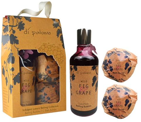 Di Palomo Vegan Wild Fig & Grape Indulgent Luxury Bathing Collection. Bathing Bubbles 300ml & 2 Bath Bombs. Bubble Bath Body Wash & Bath Bomb Bath Set. Vegan Bubble Bath & Shower Gel Gifts for Women.