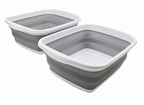 SAMMART 10L Collapsible Tub - Foldable Dish Tub - Portable Washing Basin - Space Saving Plastic Washtub (White/Grey, 2)