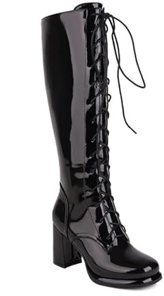 Botines hasta la rodilla de charol punta redonda con cordones tacón bloque tacón alto con botas hechas a mano de caña larga tamaño grande z529-51, Negro , 38.5 EU