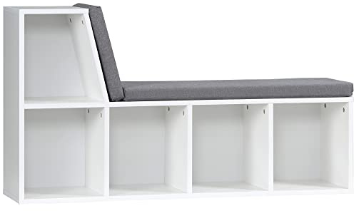 HOMCOM Bookcase Storage Shelf with Cushioned Reading Seat, Bookshelf Storage Cabinet for Study Living Room, Grey