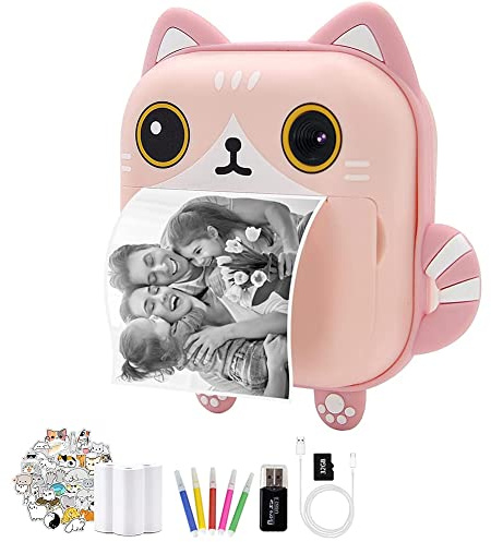 Puooifrty Cámara de impresión instantánea, tinta cero con papel de impresión, cámara digital de video selfie con HD 1080P, rosa