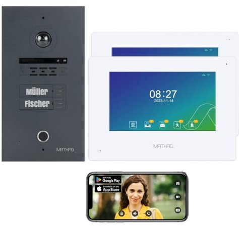 Mathfel 2 Draht IP mit Fingerprint Zutrittskontrolle, Frontplatte aus Aluminium, 2X 7 Zoll Monitor Touch Bedienung mit WLAN, 2 Familienhaus