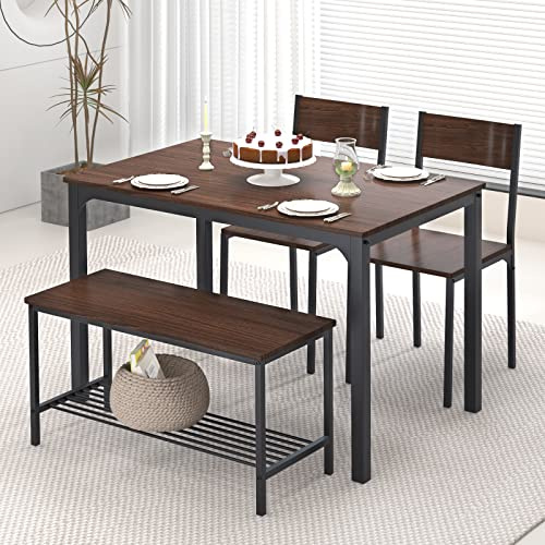 SogesHome Juego de Mesa de Comedor de 4 Piezas, Mesa de Comedor, 2 Sillas y Banco con Estante de Madera y Estructura de Acero para Cocina