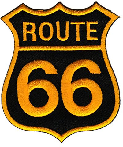 Route 66 USA Gelb Schwarz Aufnäher zum aufbügeln oder aufnähen Bügelbild Aufbügler für Kleidung gestickter Bügelpatch Applikation Biker Motorrad Patch Größe 7,0 x 8,2 cm