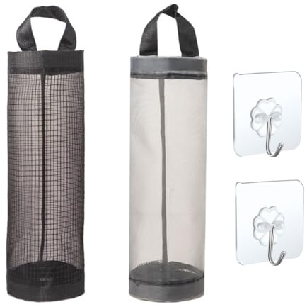 ZKSXOA 2 Pcs Plastic Bag Holder, with 2 Pcs Hooks, Hanging Garbage Bag Holder, Breathable Mesh Grocery Bag Holder, Foldable Net Hanging Storage Bags, for Home Kitchen Garbage Bag Shopping Bag