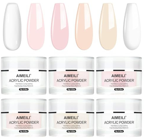 AIMEILI Acryl Nagelset 6 Farben Acrylpulver für Nägel, Acrylic Powder Set Keine UV-Lampe Erforderlich Acryl Pulver Nails Set Clear Weiß Rosa