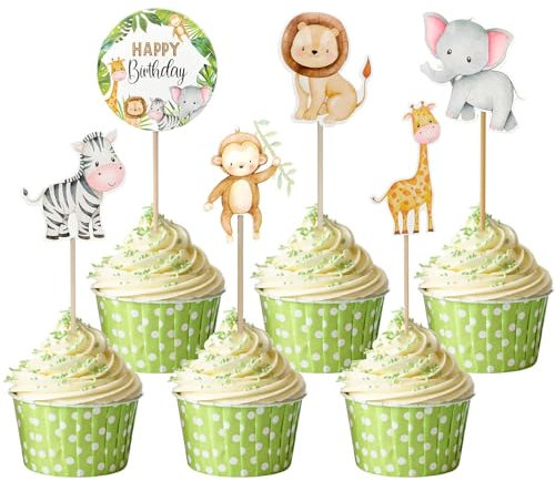 Teselife 24 Piezas Decoración Magdalena Animales, Selva Decoracion Tarta, Safari Cupcake Topper, Adornos Bosque Tema Fiesta Decoración para Niños Niño Cumpleaños