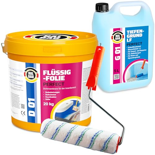 Dichtset Flüssigfolie Profi 20kg, Flüssiggummi für Innen | Wassersperre unter Fliesen, Bad, Dusche, Tiefengrund 5L, Farbroller 25cm H444
