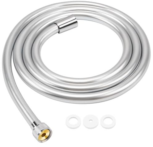 FEVONE Flexible de douche lisse PVC 2m argent, flexible de douche de rechange avec raccords en laiton, raccord universel G 1/2 x 1/2 anti-torsion, anti-fuite et anti-burst