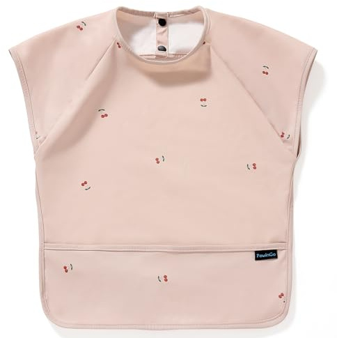 PewinGo Weaning Bib with Short Sleeves & BLW, Soft and Skin-Friendly Material, Coverall Bibs for Baby Feeding, Waterproof and Easy to Clean & Machine Washable, for Baby Infant Toddlers (Pink)