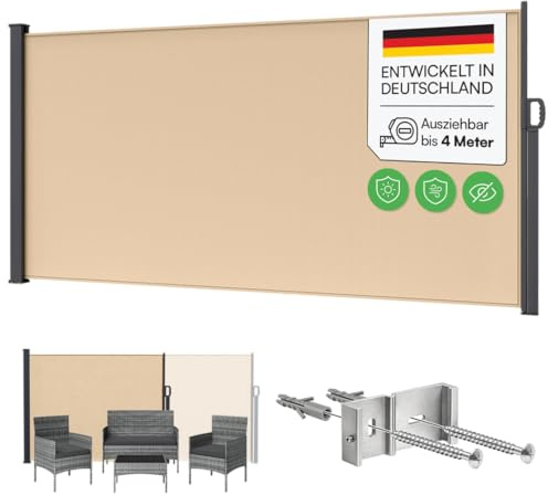 STEELSØN Zirella Seitenmarkise 160x400 cm, Beige, ausziehbar, aus Stahl | Windschutz, Sichtschutz Garten, wetterfeste Markise, Seitenrollo mit Wandhalterung, blickdichter Sonnenschutz, Wandmarkise