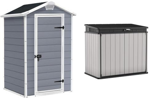Keter Manor Outdoor Garden Storage Shed, Grey, 4 x 3 ft & Store It Out Premier XL Outdoor Garden Storage Shed, Grey and Black, 141 x 82 x 123.5 cm