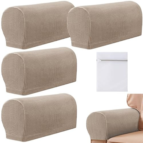VEGCOO 4 Pcs Armrest Chair Covers, Stretch Arm Rest Covers Soft Polyester Armchair Couch Sofa Arm Caps with Laundry Bag, Non Slip Arm Covers Furniture Protector for Sofa Chair Couch Recliner (Sand)