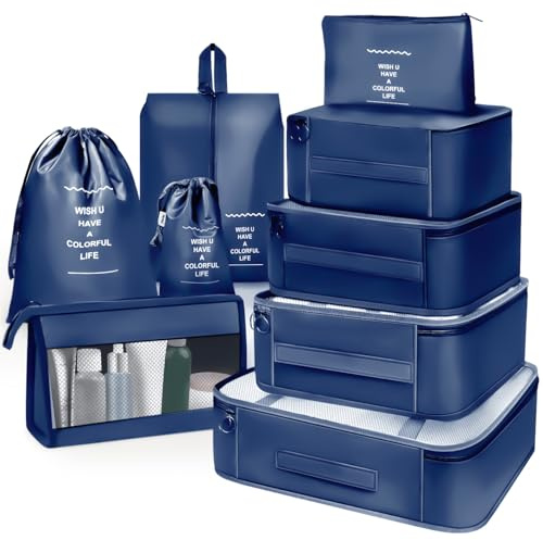 OBSGUMU Packing Cubes for Suitcases,9 Pcs Luggage Packing Organizers Bags,Compression Organiser Bags for Backpack,Travel Essentials Clothes Shoes Storage Bag(Navy)