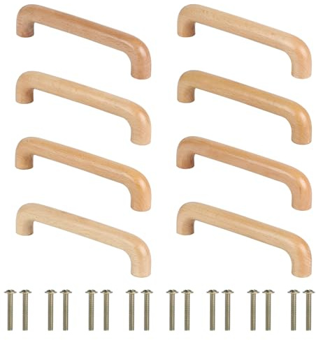 SWAWIS 8 Stück Holzgriffe 128mm Möbelgriffe Holz mit Schrauben | Schubladengriffe Holz Bogenförmig Türgriff Küchenschränke Schrankgriff Holz für Schränke Schubladen Möbel Küchen