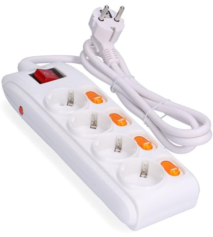 Regleta de 6 vías con Interruptor, 1,5 m, 3G, 1,5 mm², Blanca y Gris - Ideal para múltiples Dispositivos eléctricos y protección de circuitos.