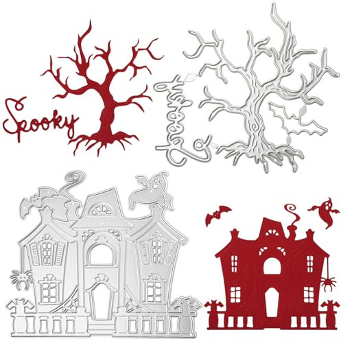 OOTSR Halloween-Stanzschablone DIY, Stanzformen Schablonen für Scrapbooking Fotoalbum Dekor Karten, Schneidebrett aus Metall, Prägung Papier Stanzen mit Spukhaus und Halloween-Baum