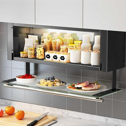 MJMLUCK Ausziehbares Küchenregal, 2-stufiges, Robustes Gewürzregal, klare Glastür zum freien Öffnen und Schließen, Aufbewahrungs-Organizer für Küchenoberschränke (schwarz, 70 cm)