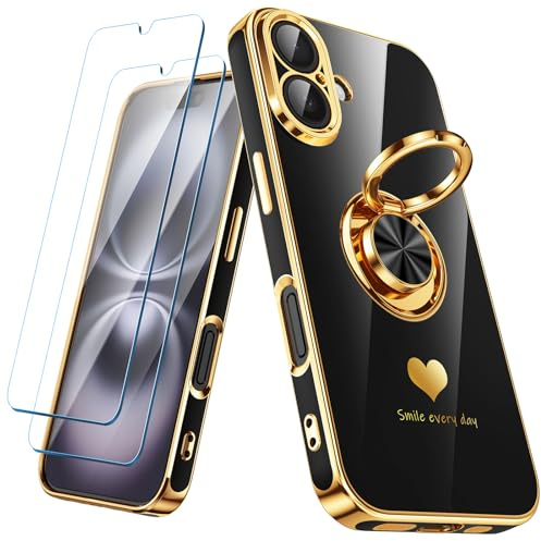 Nonional Compatible for iPhone 16 Case with 2 Pack Screen Protector, 360° Rotatable Ring Holder [Luxury Hearts Pattern] Plating Gold Edge Slim Soft Phone Cover Case for iPhone 16 - Black