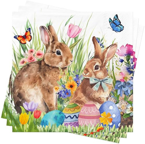 80Stück Ostern Servietten Ostern Deko Dekoration Frühling Blume Osterhase Servietten Afternoon Tea Party Servietten Frühling Geburtstag Servietten Oster Tischdeko Papierservietten Zubehör 33x33cm