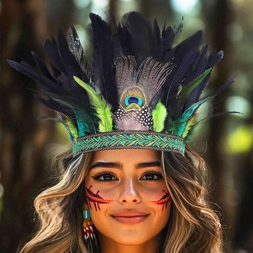 Fashband Cerchietto con piume di pavone, corona decorativa, stile hippie, tribale, festival, costume da donna (verde, taglia unica)