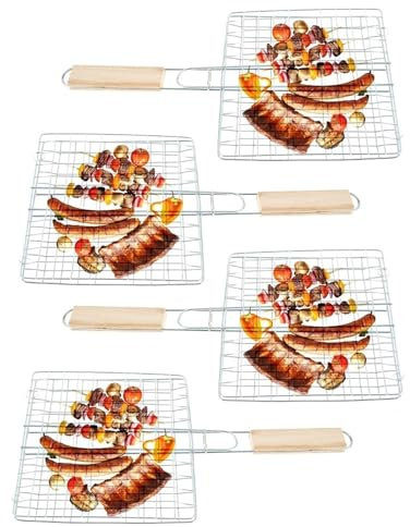 Lot de 4 supports de barbecue avec poignée en bois - Panier de barbecue pour légumes de poisson, steak, côtelettes de crevettes - Grille de barbecue en métal - 23 x 21 cm - Panier à légumes - Spatule