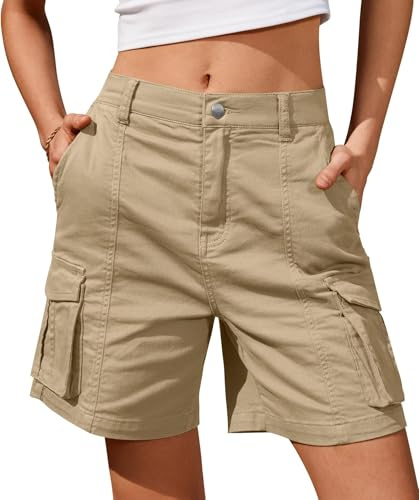 BUNSLOOM Bermuda - Pantaloncini cargo da donna, 6 tasche, vita elastica, pantaloncini lunghi estivi, Kaki, XL
