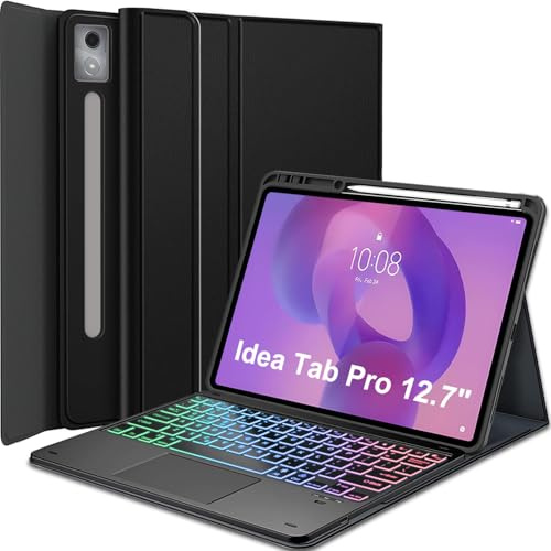 Wineecy Touchpad Keyboard Case for Lenovo Idea Tab Pro 12.7 Inch 2025 TB-373FU TB-375FC, 7 Color Rainbow Backlight Detachable Bluetooth Trackpad Keyboard Folio Smart Cover with Pen Holder