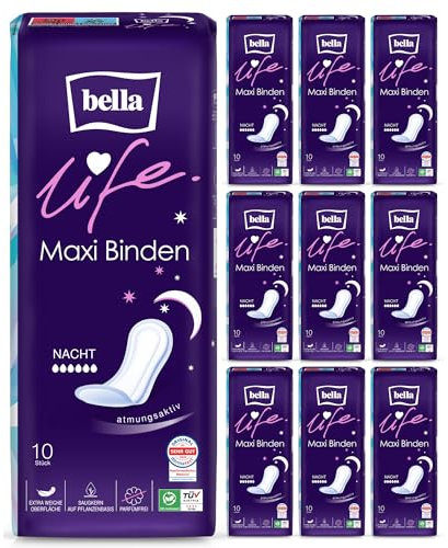 bella life Maxi Damenbinden für die Nacht | dermatest: SEHR GUT | atmungsaktive Binden für Damen im 10er Pack (10 x 10 Stück) | parfümfrei und extra weiche Oberfläche