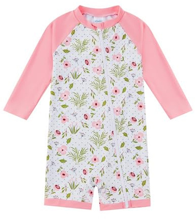 upandfast Bañadores de Una Pieza para Niña con Flores Verde y Rosa - Traje de Baño UV Manga Larga, Protección UPF 50+ y Cremallera Frontal sin Capucha 2-3T