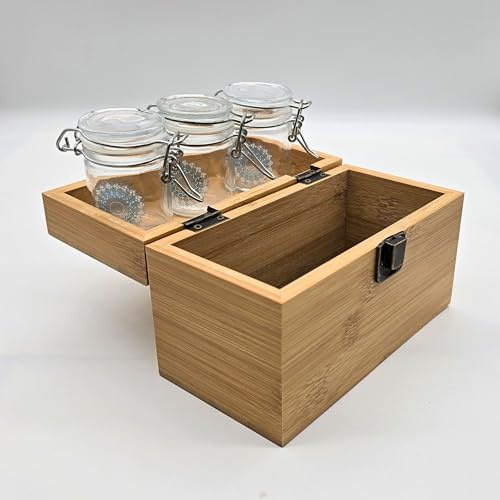ZACTLY - Boîte de rangement en bambou avec 3 bocaux en verre – Pots à épices hermétiques avec couvercles – 17 x 9 x 10 cm – Organisateur écologique pour herbes, épices, thé – Ensemble de rangement