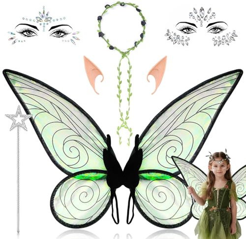 IIRC Fairy Wings Costume, Feenflügel Kinder Erwachsene, Schmetterlingsflügel für Karneval Geburtstag Halloween Weihnachten Rollenspiele Comic Con Themed Party (Dunkelgrün)