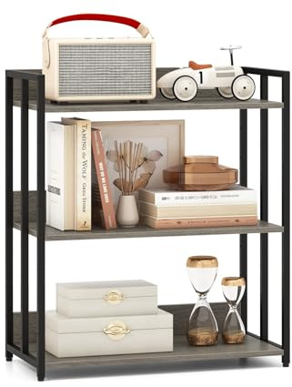 FANTASK 3 Ebenen Bücherregal, 70 x 35 x 81 cm, industrielles Standregal mit verstellbaren Regalböden, Aufbewahrungsregal für Wohnzimmer & Küche (Grau)