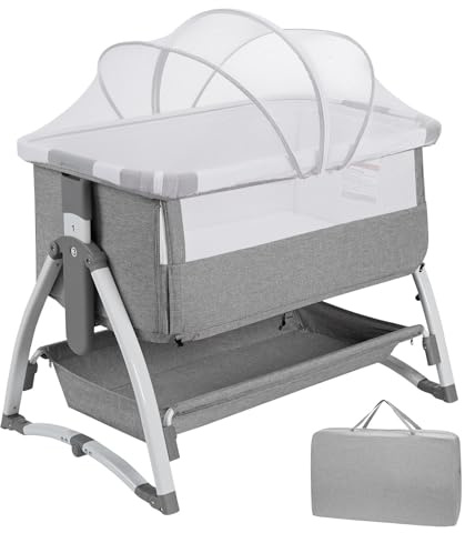 GarveeHome 3 in 1 Baby Beistellbett, Klappbares Beistellbett, Babywiege Mit Matratze Und Moskitonetz, Höhenverstellbar, Mit Reisetasche, Für Babys Von 0 Bis 36 Monaten, Hellgrau