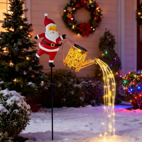 Dayysiuy Arrosoir Solaire Extérieur Avec Père Noël, Arrosoir Solaire Suspendu En Métal Du Père Noël Avec Lumière LED, ÉTanche Led Lampes Solaires Exterieures Jardin, Pour Jardin, Cour Et Terrasse