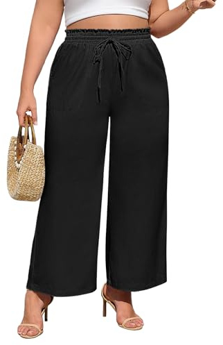 Fashora Pantalones de Lino Mujer Verano Ligeros Pantalones Tallas Grandes Elegante Cintura Alta Elástico Pantalon Palazzo Largos Casual Cómodos Frescos con Bolsillos
