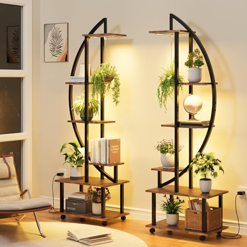 GarveeHome 6-Etagen Pflanzenregal Mit Wachstumslicht – Halbmond-Förmiges Blumenregal Mit Abnehmbaren Rädern & Schubladen, 187cm Hoch Metall Holz für Innen Fensterbank Wohnzimmer(2 Stück, Braun)