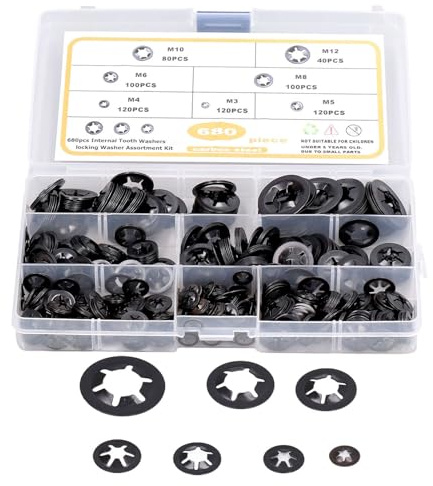 Cygmophing 680 pezzi Rondelle di bloccaggio Kit assortimento rondelle dente interno con bloccaggio piatto Acciaio al carbonio M3‑M12