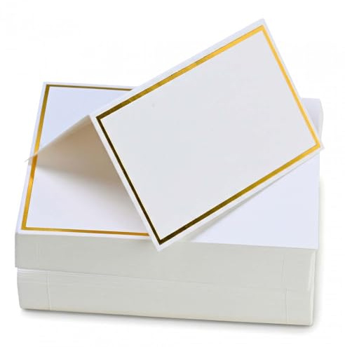 Solvio 100Pcs Place Cards with Gold Foil Border, White Blank Tent Name Cards for Table Setting, Elegant Seating Cards for Weddings, Banquets, Dinner Parties and Events