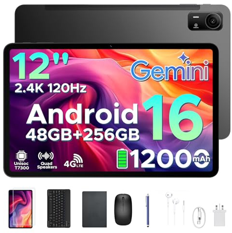 Easerush P12 Pro Tablet con Sim 2.4K 120Hz & Gemini AI, 48GB+256GB/2TB Tablet 12 Pollici & 12000mAh/18W Tablets Android 16, T7300 Octa Core Tablets con Tastiera, 4 Speakers/Widevine L1/Mouse/Custodia
