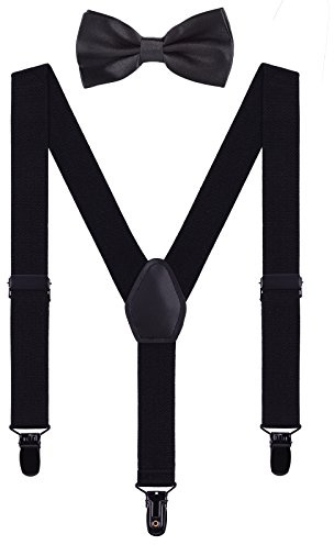 WANYING Partnerlook hängslen fluga set för kvinnor män pojkar flickor baby småbarn barn – 3 svarta klämmor Y-form 2,5 cm hängslen enfärgad, För baby - svart med fluga, 1-5 År