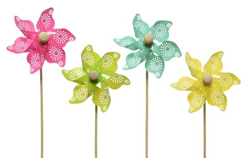 Gartenstecker Windrad Plastik 28cm 4er Set Bunt - Indoor & Outdoor Blumenstecker für Garten Balkon // Kaemingk Set mit 4 Windrädern für den Garten, aus Kunststoff, 28 cm, in 4 Farben