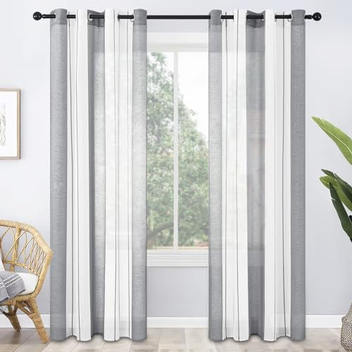 MRTREES Tende Camera da Letto in Voile a Righe Semi Trasparenti con Occhielli 2 Pezzi Confezionate Tende Moderne Elegante Effetto Lino per Interni Soggiorno Finestra Bianco+Grigio 140x225 CM