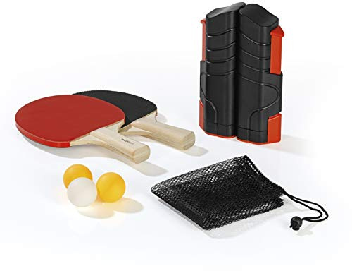 MAXXMEE Tischtennis-Set | Netz mit Klemmen, 2 Tischtennisschläger und 2 Tischtennisbälle | maximale Plattenbreite 1,95m | Indoor & Outdoor einsetzbar, Rot